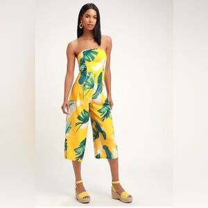 Lulu's Yellow Tropical Strapless Wide-Leg Jumpsuit NWOT